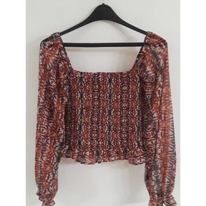 Womens Macy s Leyden Square Neck Puff Sleeve Ethnic Print Fall Casual Blouse